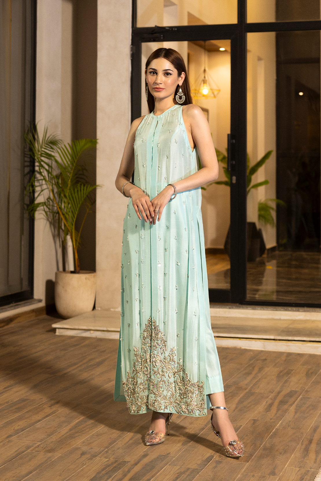 Pakistani Sky Blue Embellished Raw Silk Salwar Kameez (3-Piece) - Image 3