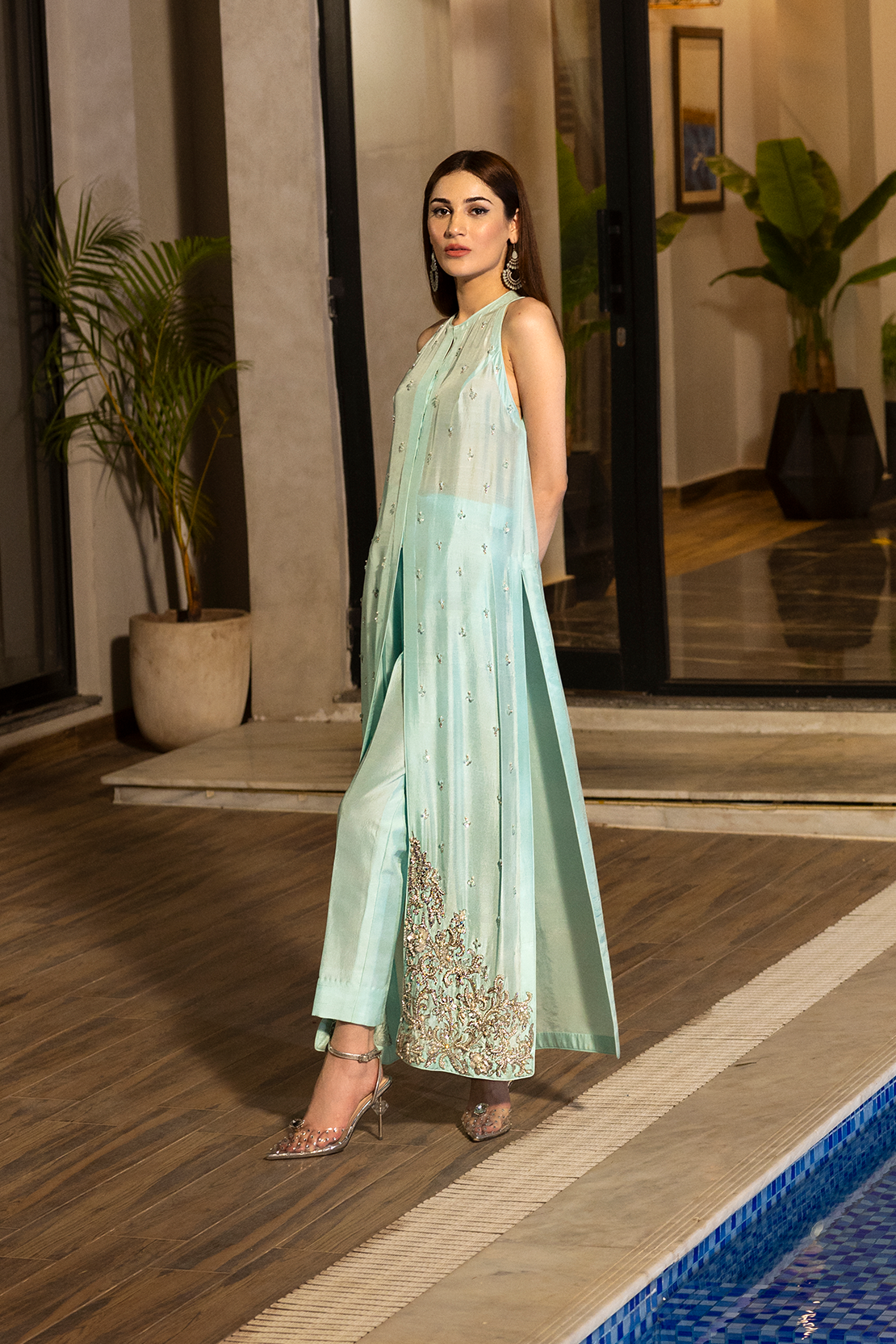 Pakistani Sky Blue Embellished Raw Silk Salwar Kameez (3-Piece) - Image 4