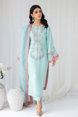 Sky Blue Embellished Korean Raw Silk Salwar Kameez (3-Piece) - Image 2