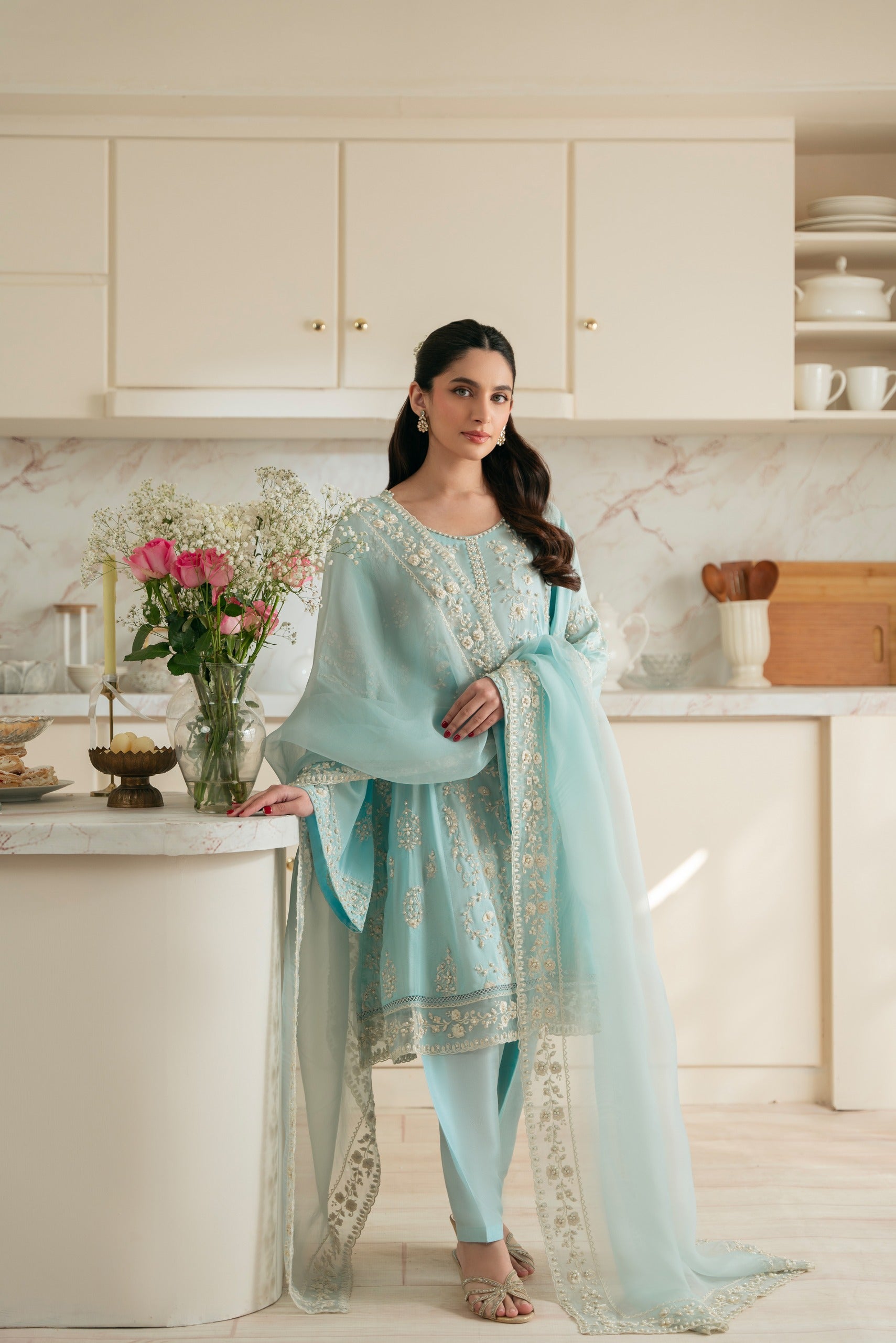 Ice Blue Embroidered Raw Silk Salwar Kameez (3-Piece) - Image 1