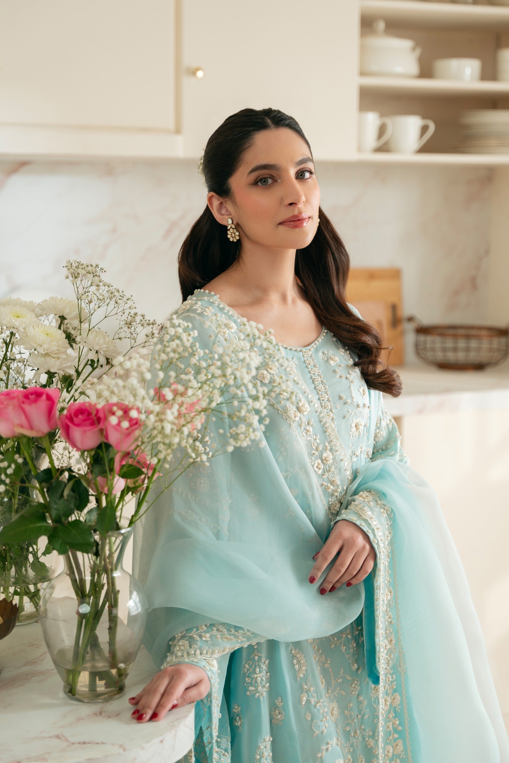 Ice Blue Embroidered Raw Silk Salwar Kameez (3-Piece) - Image 2