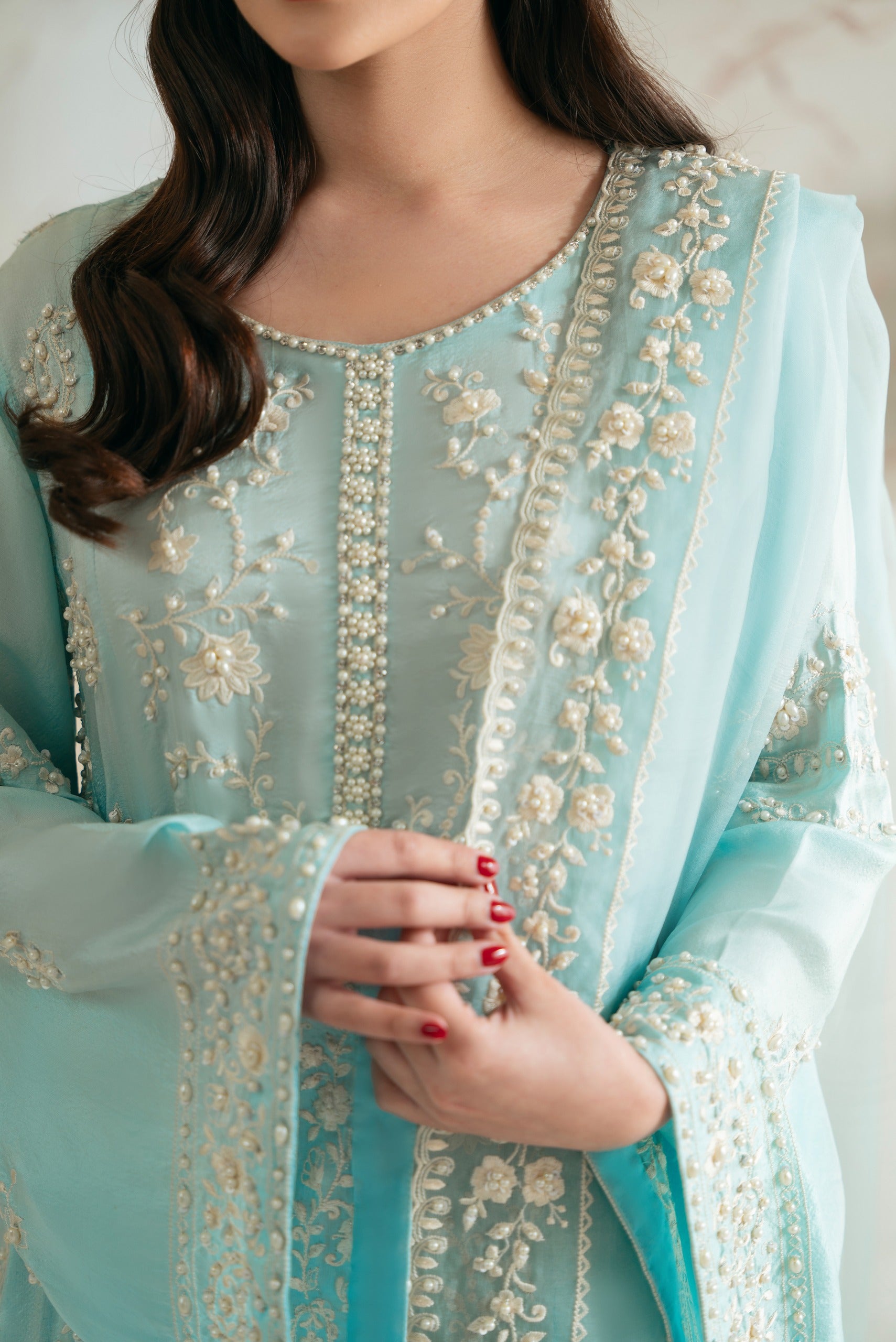 Ice Blue Embroidered Raw Silk Salwar Kameez (3-Piece) - Image 3
