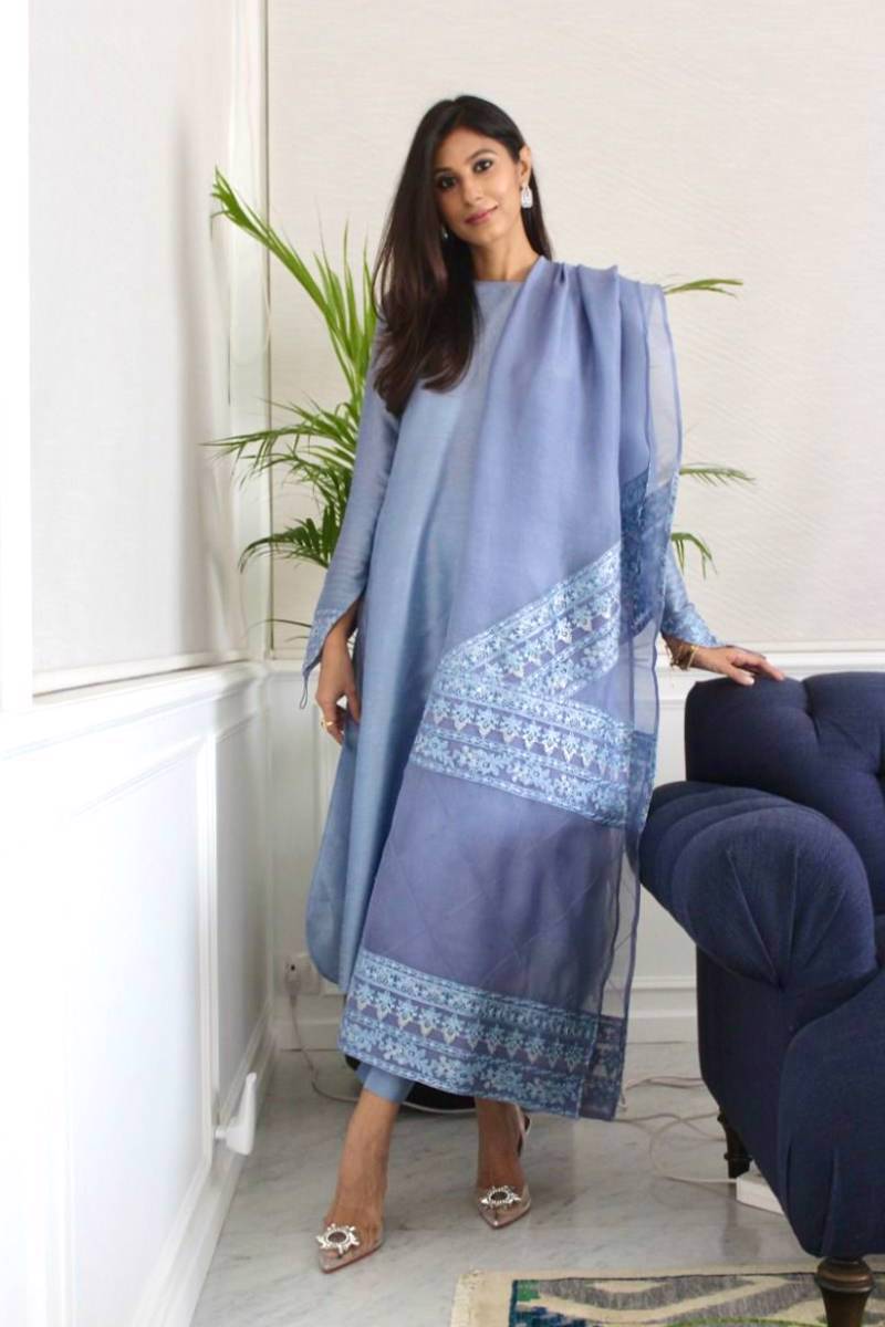 Pakistani Ice Blue Pearl & Zari Raw Silk Salwar Kameez (3-Piece) - Image 1