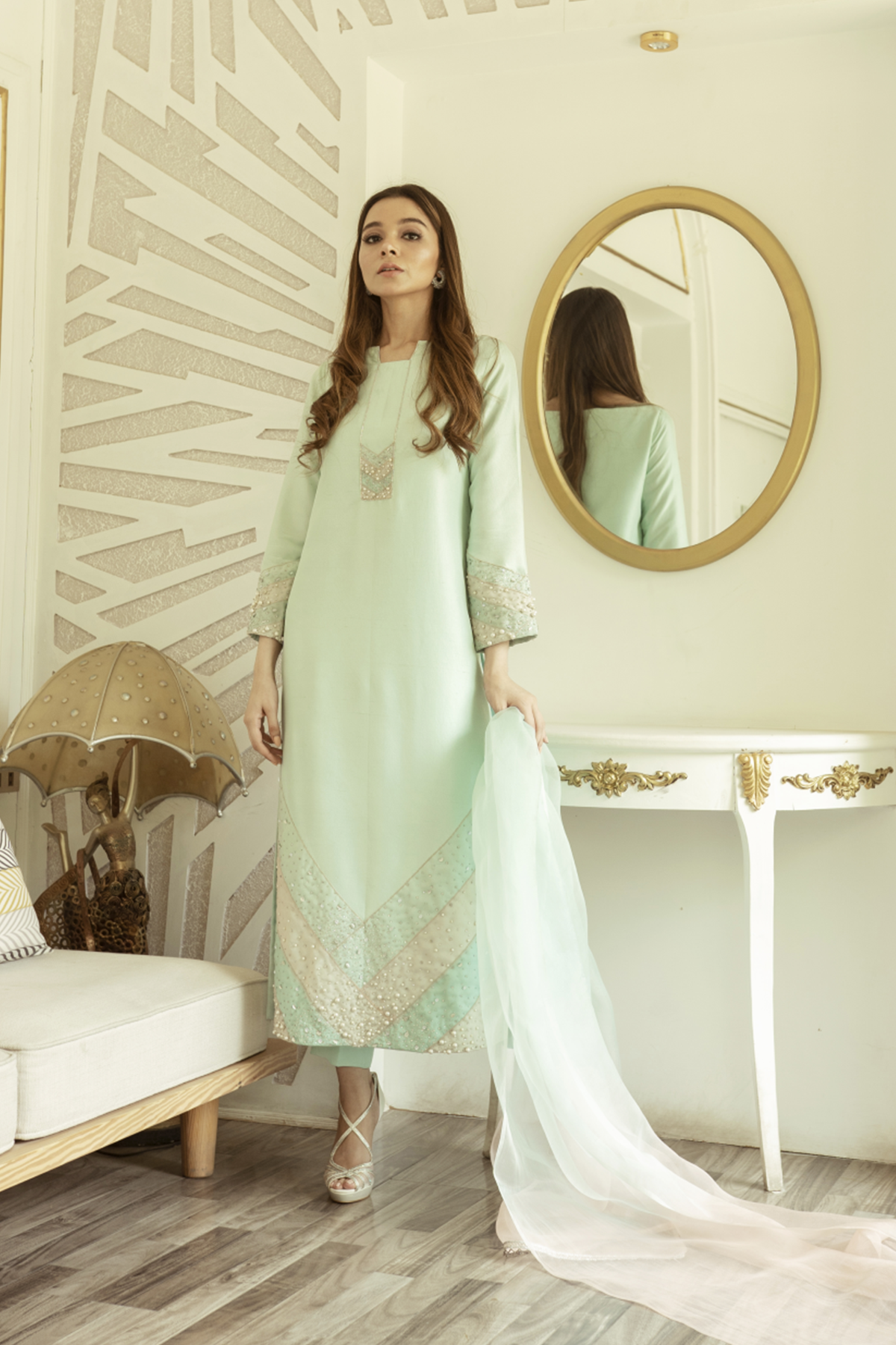 Pakistani Oyster Blue Embellished Raw Silk Salwar Kameez (3-Piece) - Image 1