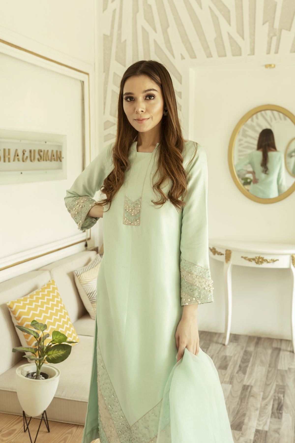 Pakistani Oyster Blue Embellished Raw Silk Salwar Kameez (3-Piece) - Image 3