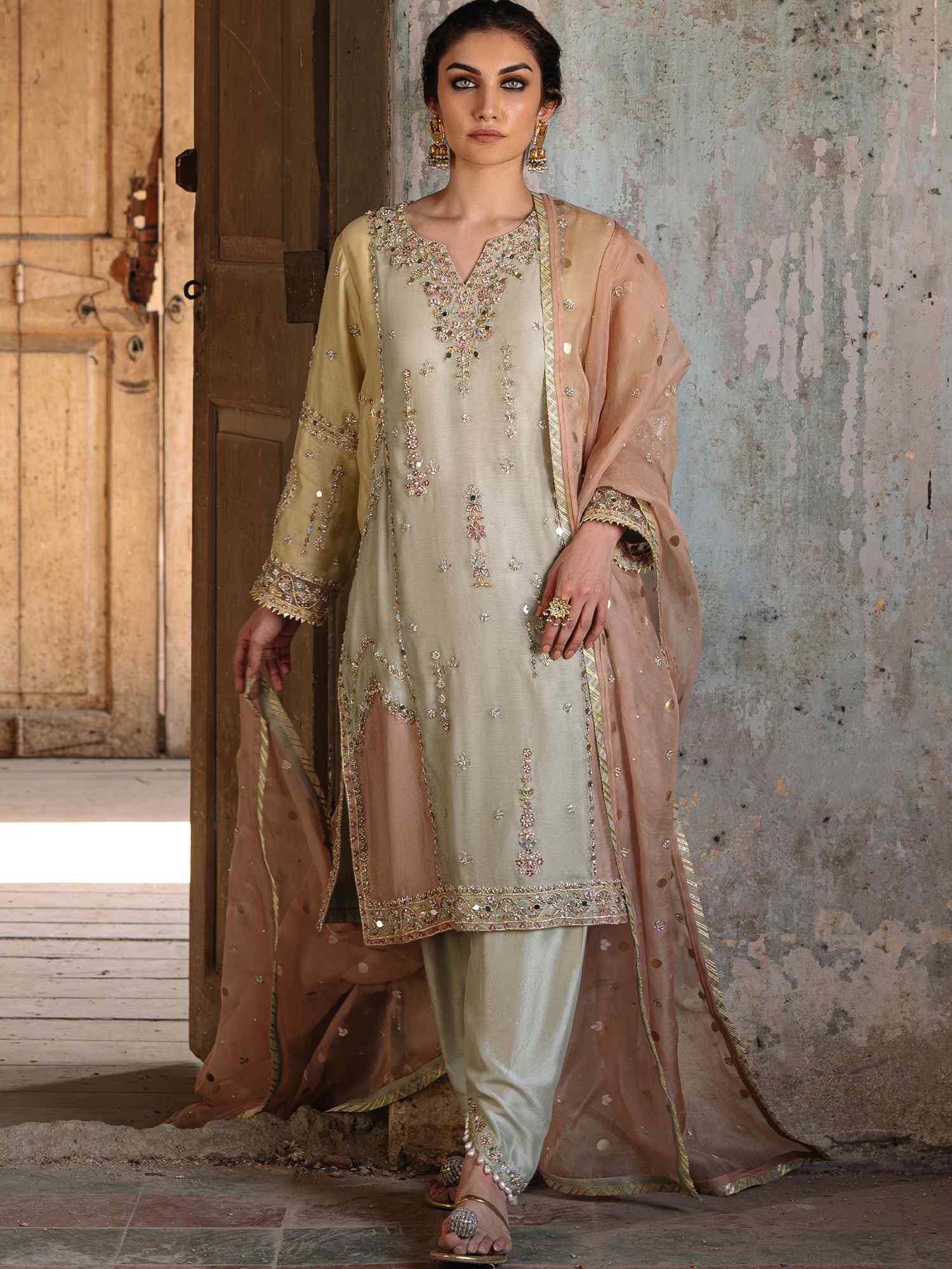 Pakistani Pale Aqua Embroidered Raw Silk Salwar Kameez (3-Piece) - Image 1