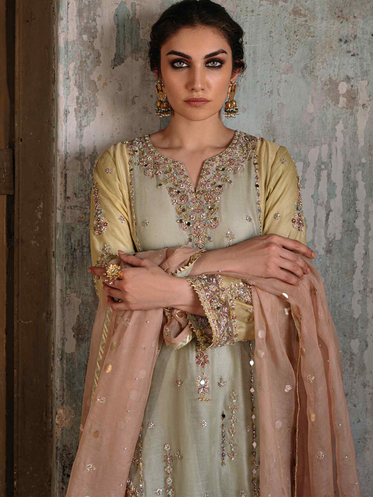 Pakistani Pale Aqua Embroidered Raw Silk Salwar Kameez (3-Piece) - Image 2