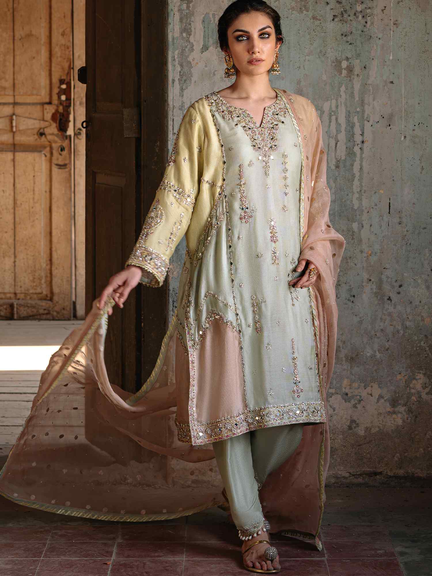 Pakistani Pale Aqua Embroidered Raw Silk Salwar Kameez (3-Piece) - Image 3