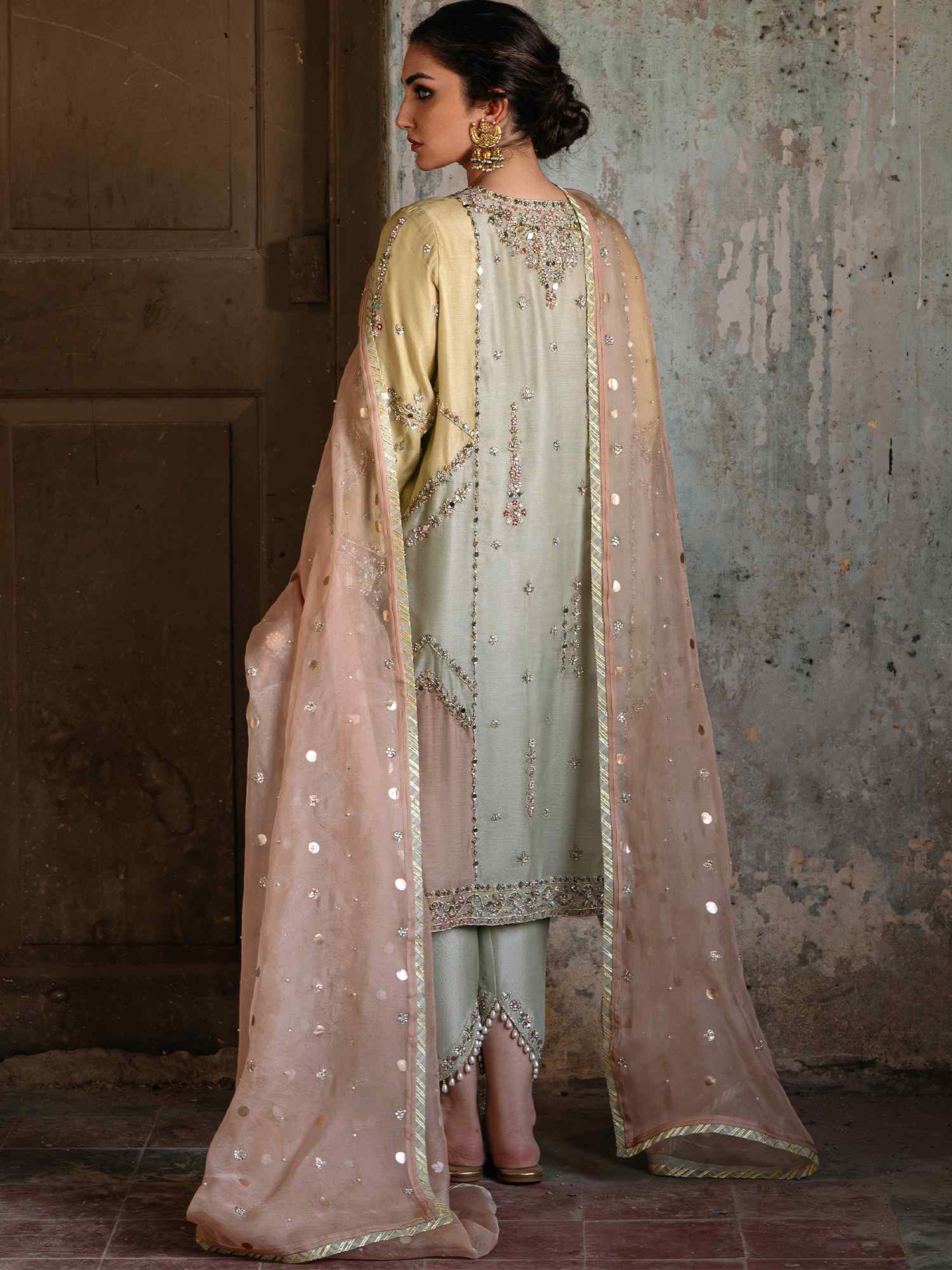 Pakistani Pale Aqua Embroidered Raw Silk Salwar Kameez (3-Piece) - Image 4