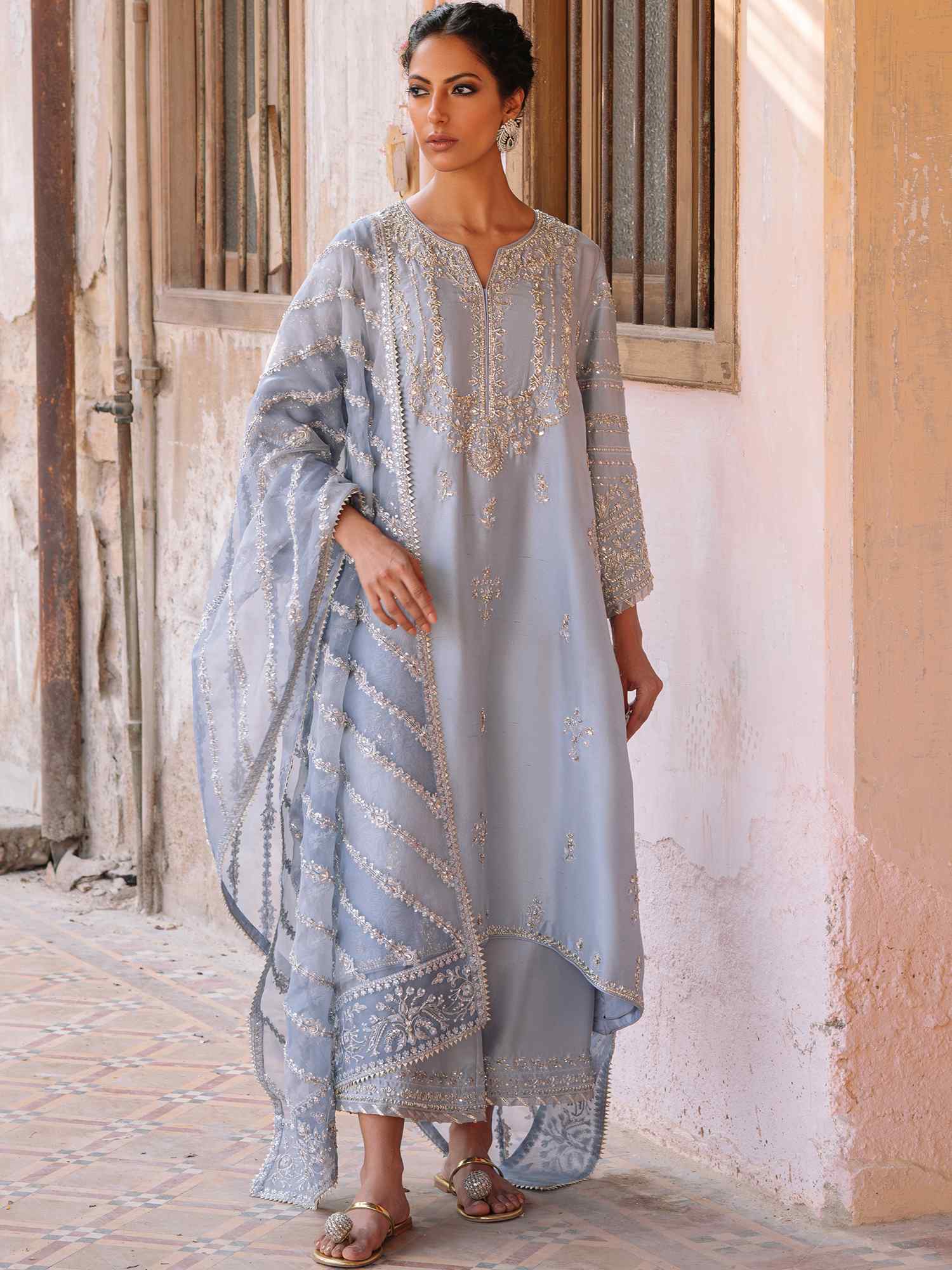 Powder Blue Embroidered Raw Silk Salwar Kameez (3-Piece) - Image 1