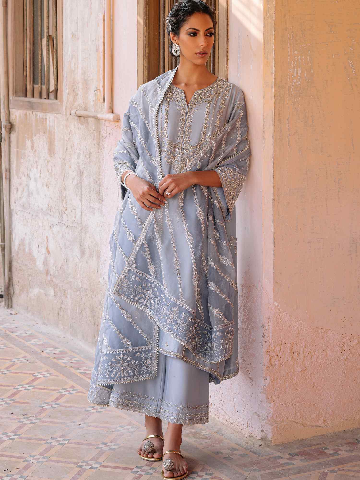 Powder Blue Embroidered Raw Silk Salwar Kameez (3-Piece) - Image 3