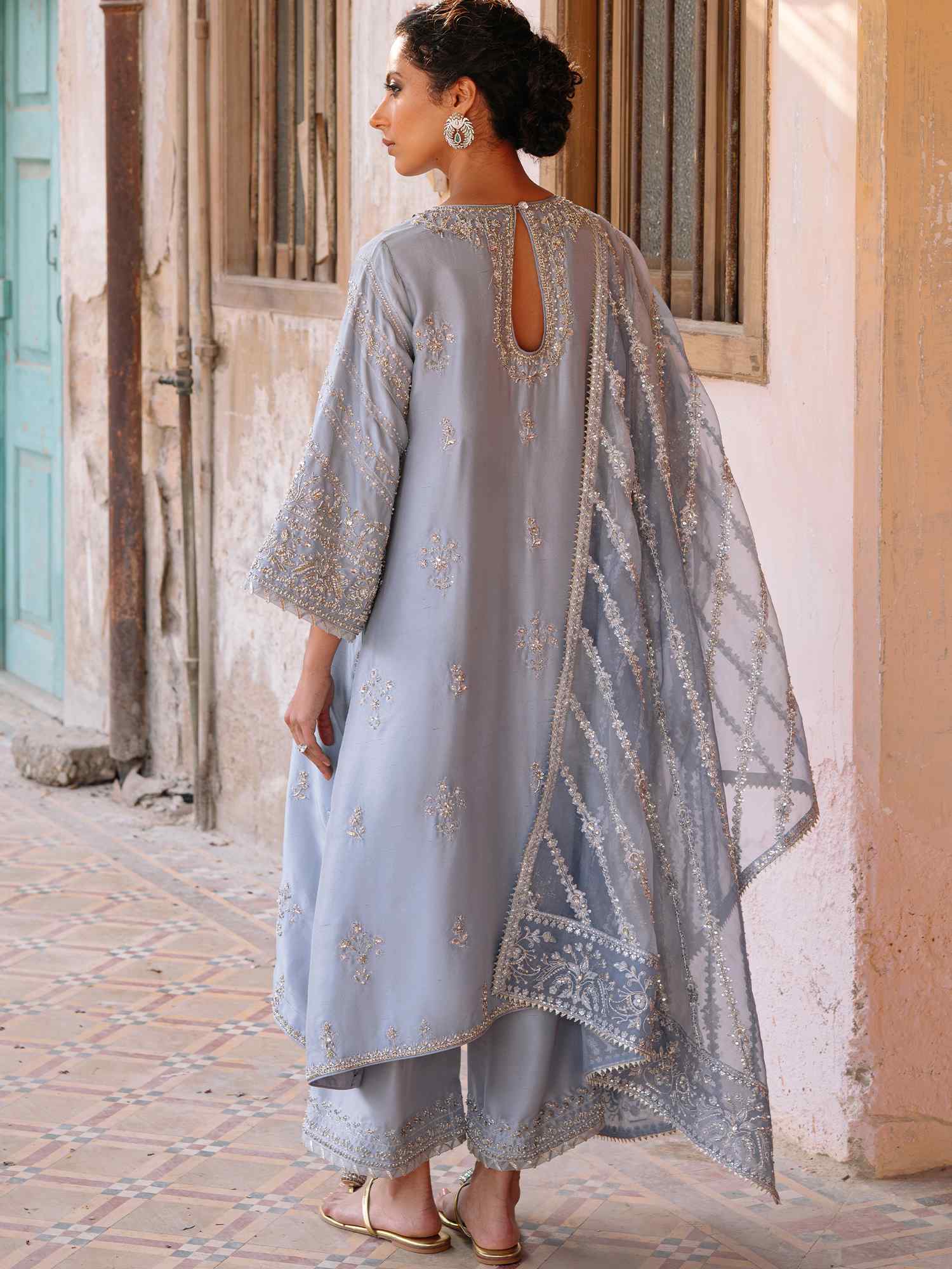 Powder Blue Embroidered Raw Silk Salwar Kameez (3-Piece) - Image 4