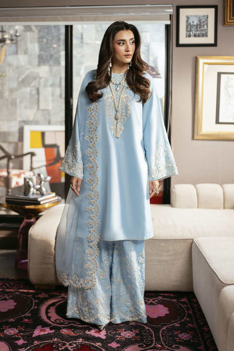 Pakistani Sky Blue Embellished Raw Silk Salwar Kameez (3-Piece) - Image 1