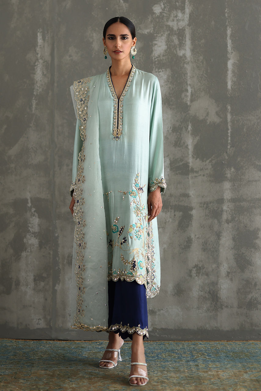 Light Blue Embroidered Raw Silk Kurta Set (3-Piece) - Image 1