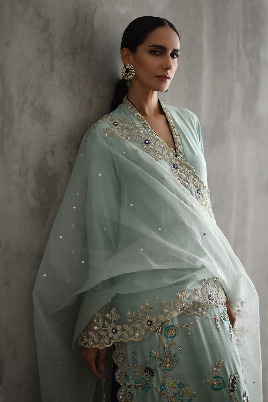 Light Blue Embroidered Raw Silk Kurta Set (3-Piece) - Image 2