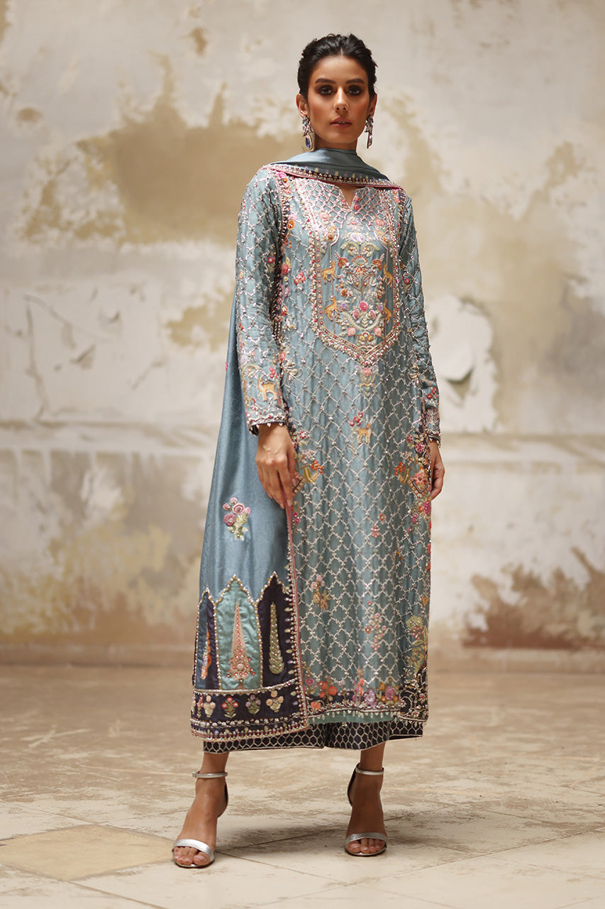 Old Blue Zardozi Embroidered Raw Silk Kurta (3-Piece) - Image 1