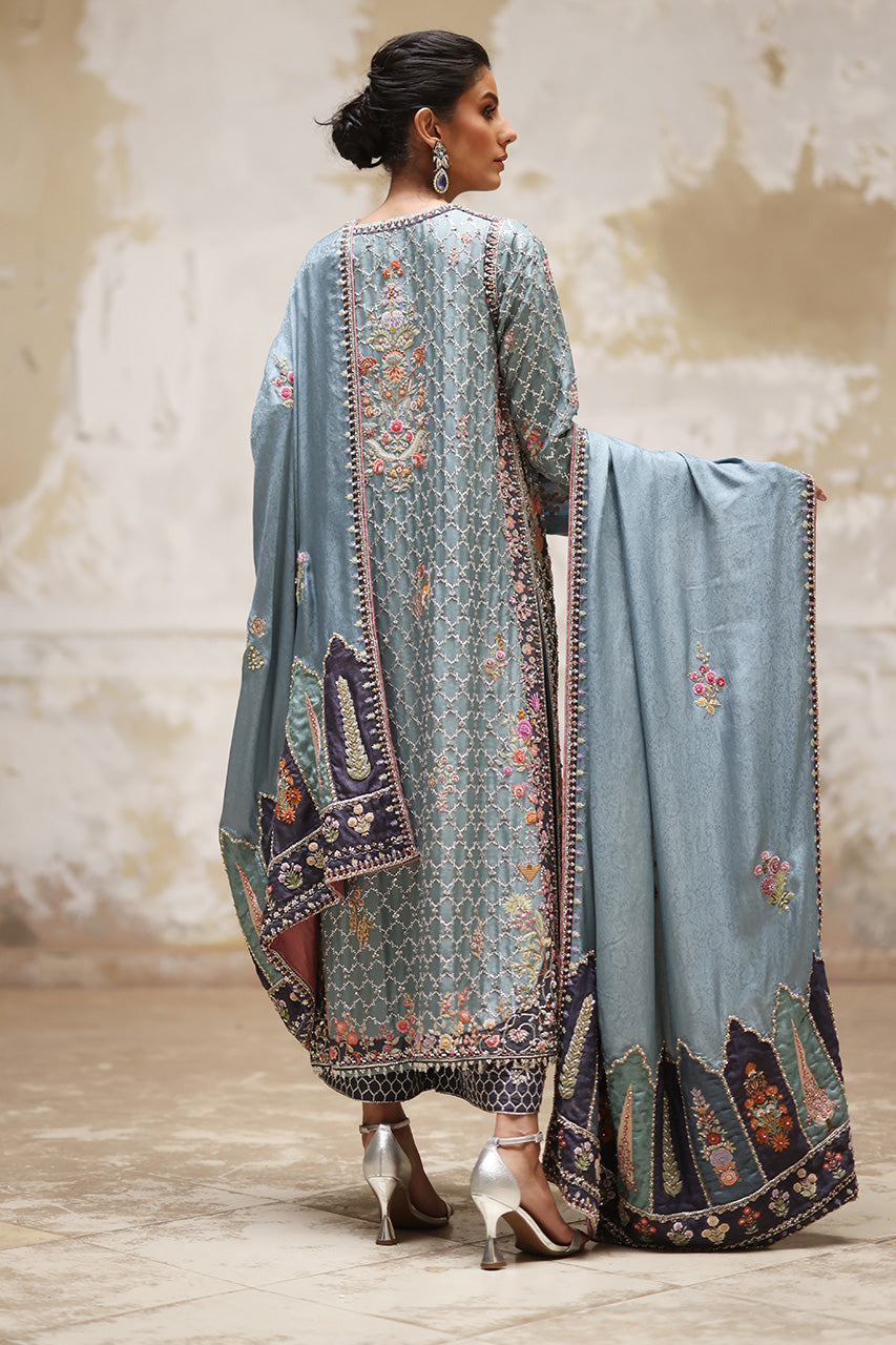 Old Blue Zardozi Embroidered Raw Silk Kurta (3-Piece) - Image 2