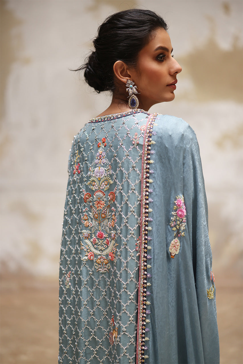 Old Blue Zardozi Embroidered Raw Silk Kurta (3-Piece) - Image 3