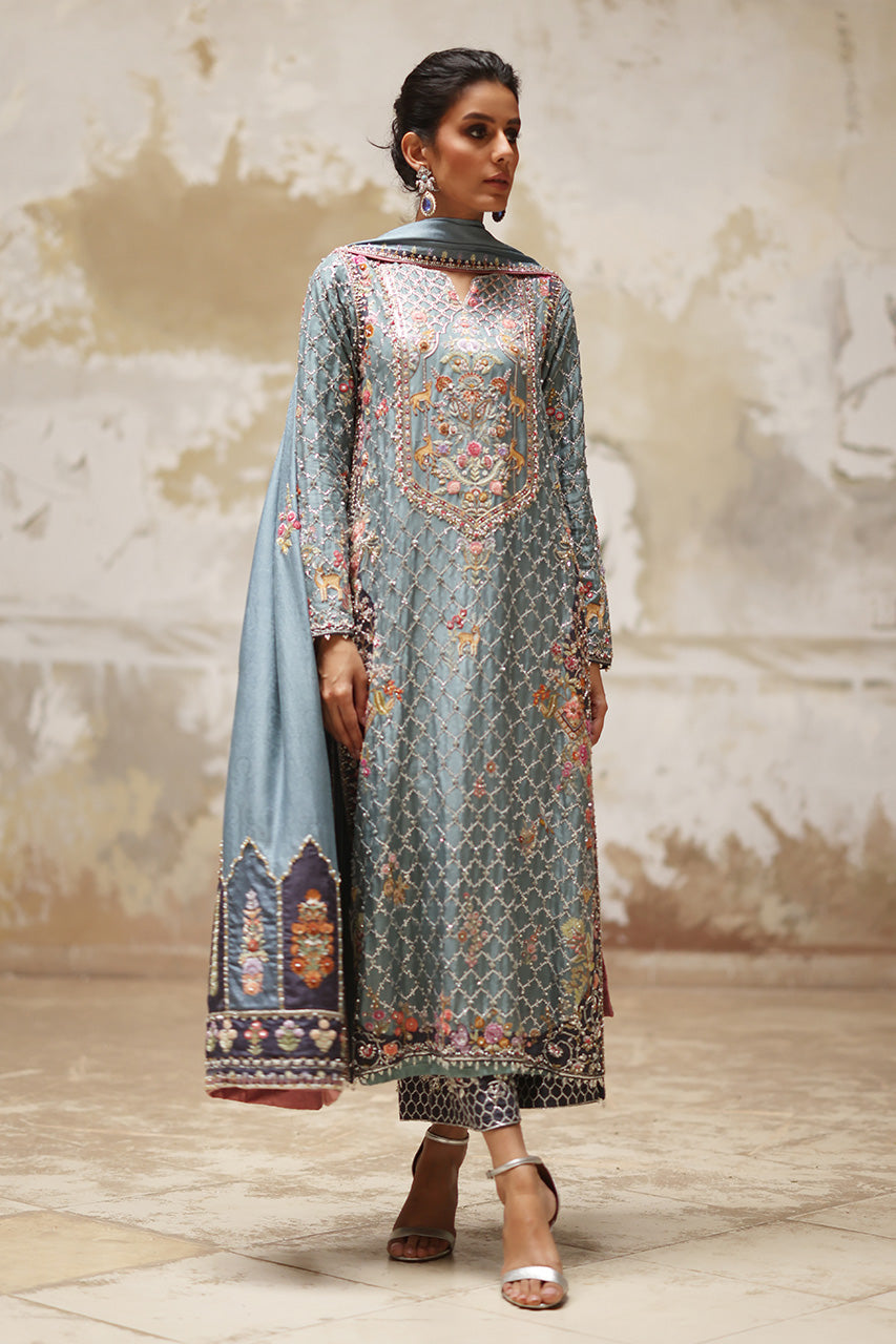 Old Blue Zardozi Embroidered Raw Silk Kurta (3-Piece) - Image 4
