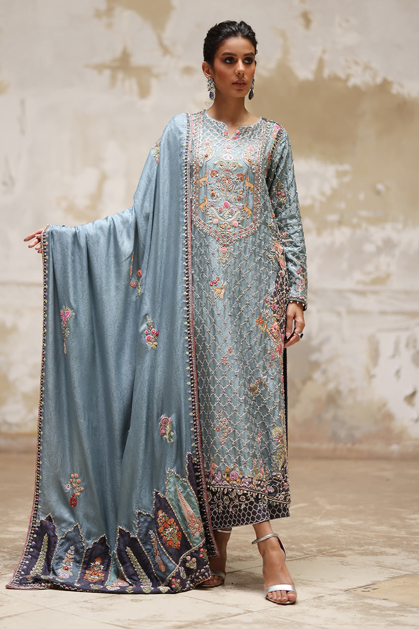 Old Blue Zardozi Embroidered Raw Silk Kurta (3-Piece) - Image 5