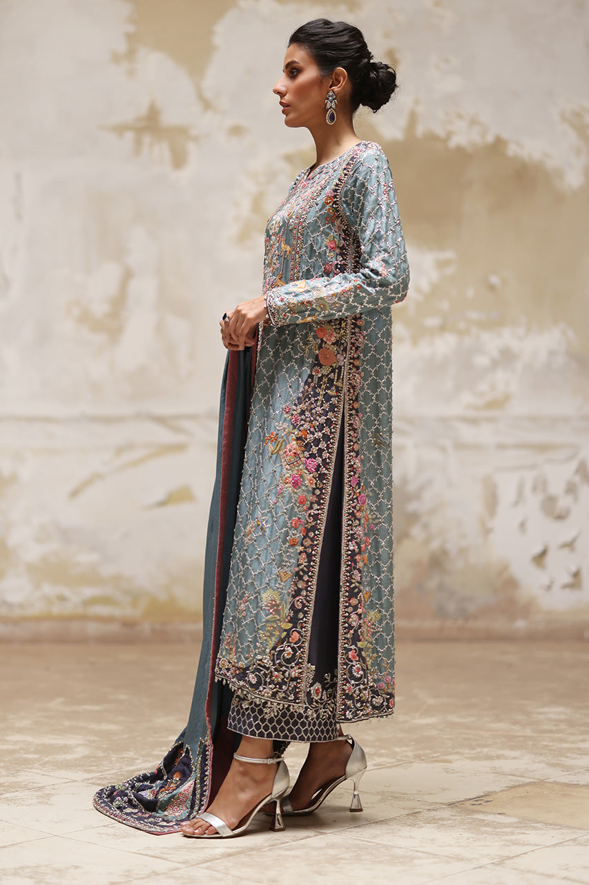 Old Blue Zardozi Embroidered Raw Silk Kurta (3-Piece) - Image 6