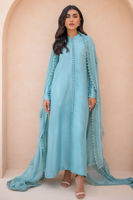 Ice Blue Embroidered Raw Silk Long Shirt (3-Piece) - Image 2