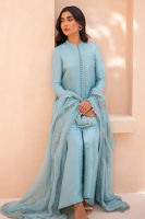 Ice Blue Embroidered Raw Silk Long Shirt (3-Piece) - Image 5