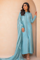 Ice Blue Embroidered Raw Silk Long Shirt (3-Piece) - Image 7