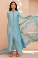 Ice Blue Embroidered Raw Silk Long Shirt (3-Piece) - Image 8
