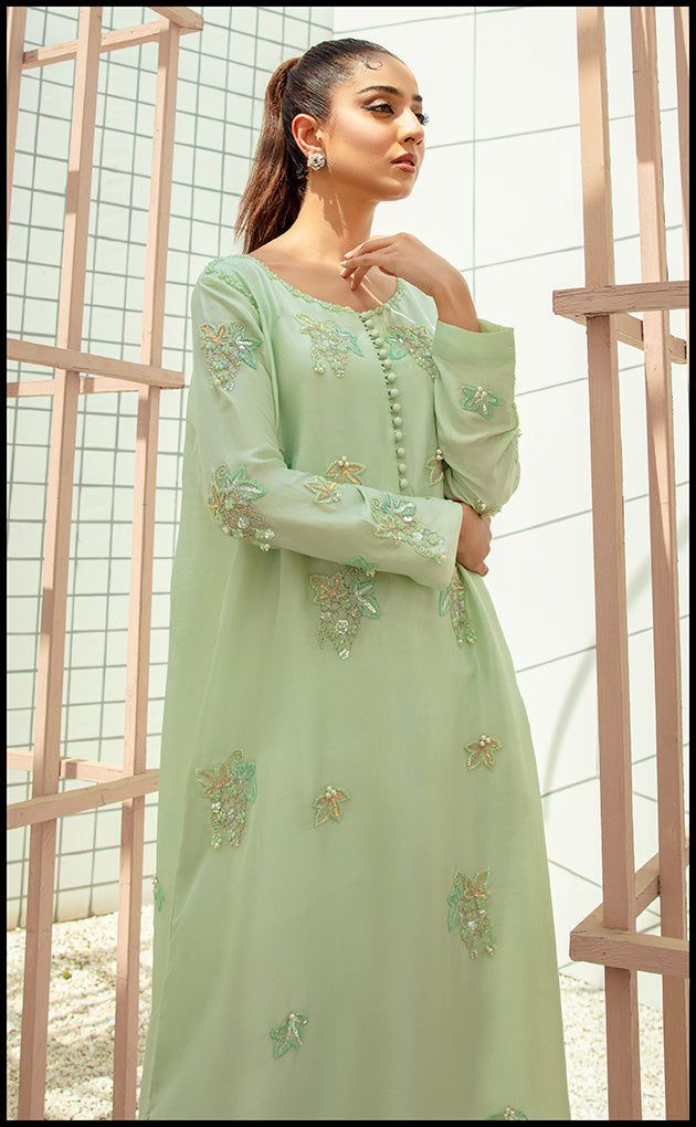 Pakistani Ice Blue Swarovski Embellished Raw Silk Kurta (2-Piece) - Image 2