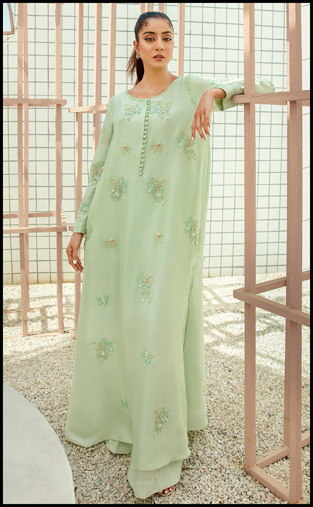 Pakistani Ice Blue Swarovski Embellished Raw Silk Kurta (2-Piece) - Image 3