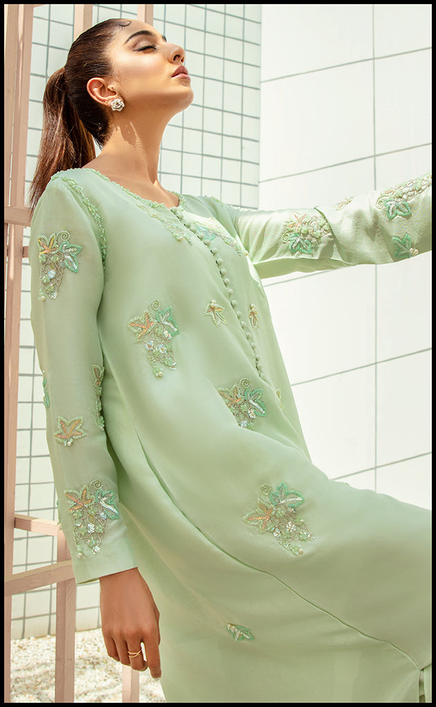 Pakistani Ice Blue Swarovski Embellished Raw Silk Kurta (2-Piece) - Image 5