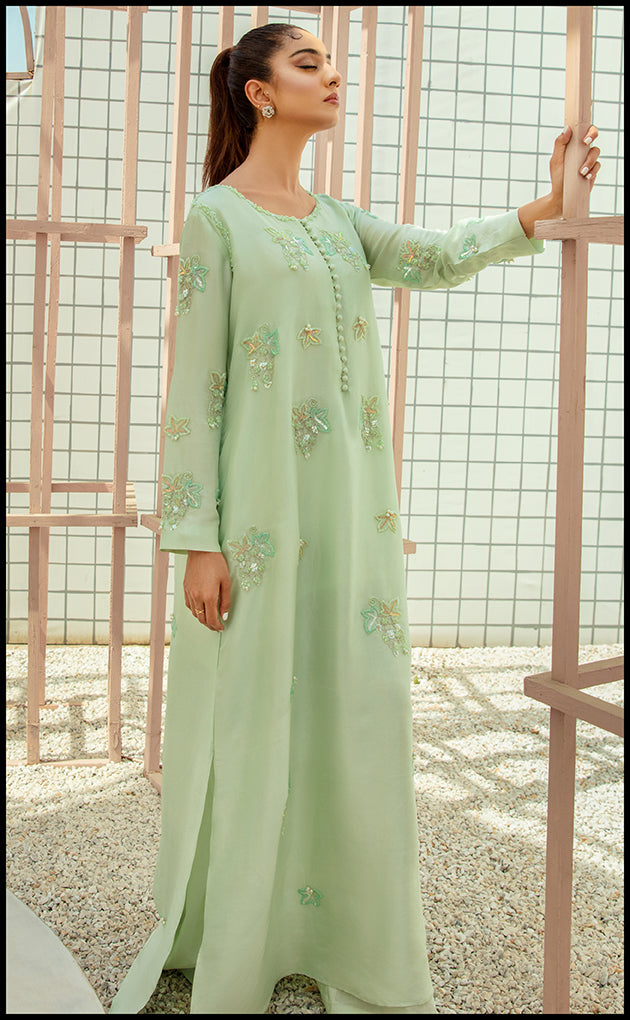 Pakistani Ice Blue Swarovski Embellished Raw Silk Kurta (2-Piece) - Image 6