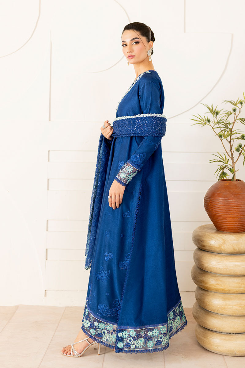 Pakistani Blue Embroidered Korean Raw Silk Salwar Kameez (3-Piece) - Image 3
