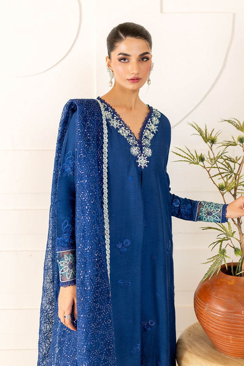 Pakistani Blue Embroidered Korean Raw Silk Salwar Kameez (3-Piece) - Image 4