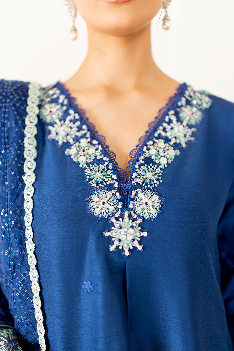 Pakistani Blue Embroidered Korean Raw Silk Salwar Kameez (3-Piece) - Image 5