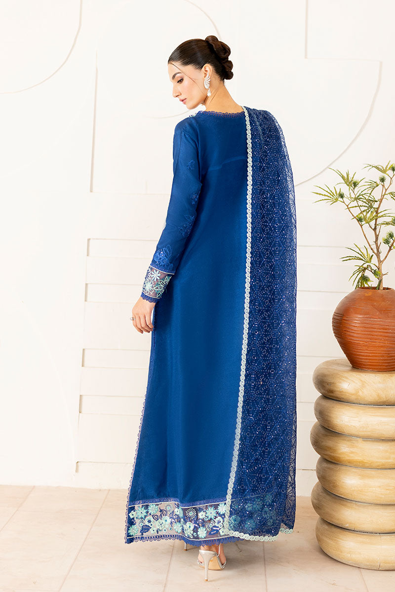 Pakistani Blue Embroidered Korean Raw Silk Salwar Kameez (3-Piece) - Image 6