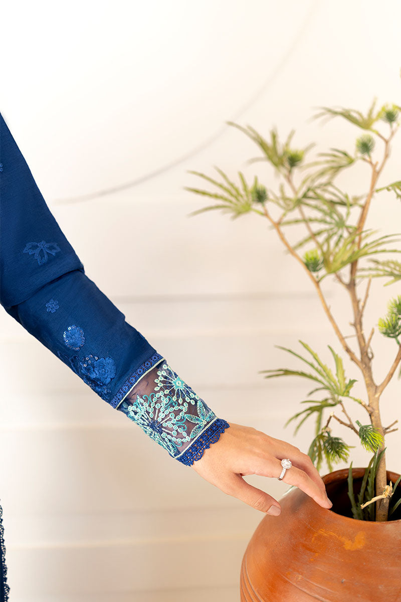 Pakistani Blue Embroidered Korean Raw Silk Salwar Kameez (3-Piece) - Image 7