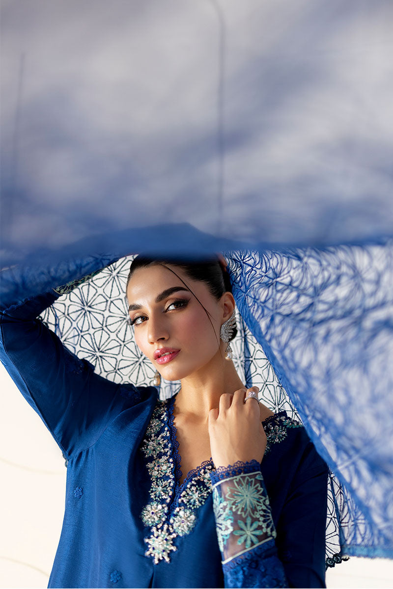 Pakistani Blue Embroidered Korean Raw Silk Salwar Kameez (3-Piece) - Image 8