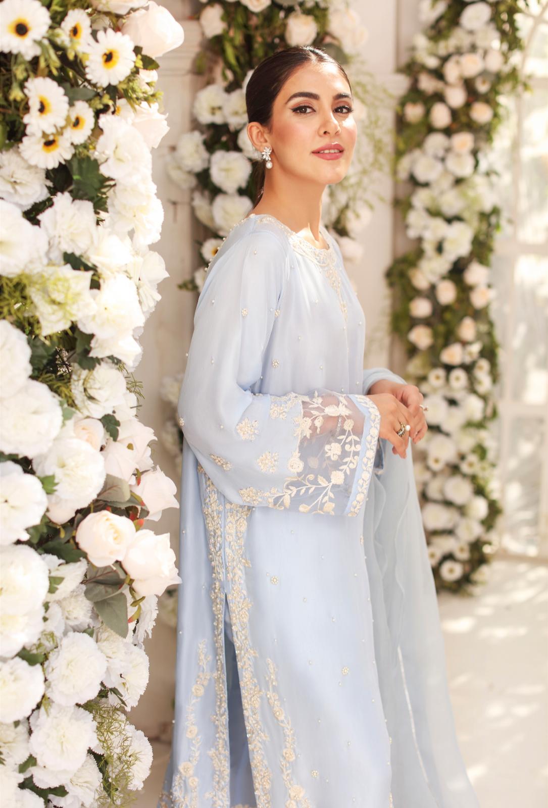 Pakistani Ice Blue Embroidered Raw Silk Salwar Kameez (3-Piece) - Image 1