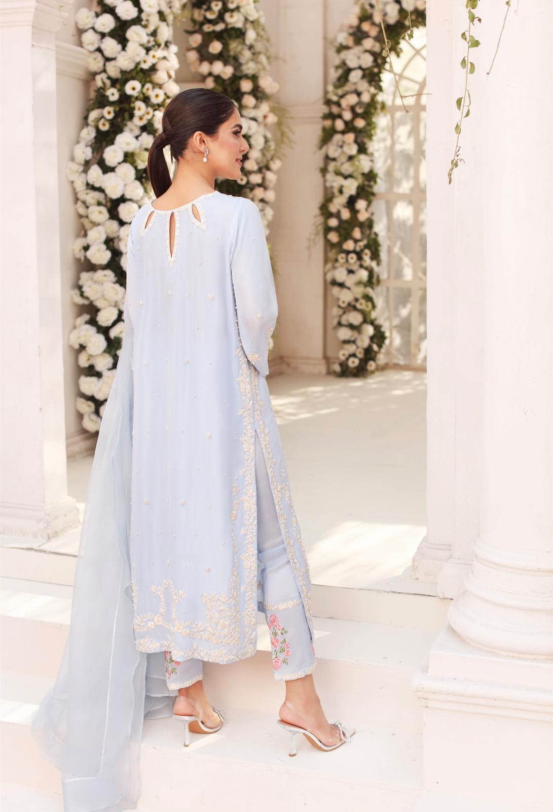 Pakistani Ice Blue Embroidered Raw Silk Salwar Kameez (3-Piece) - Image 2