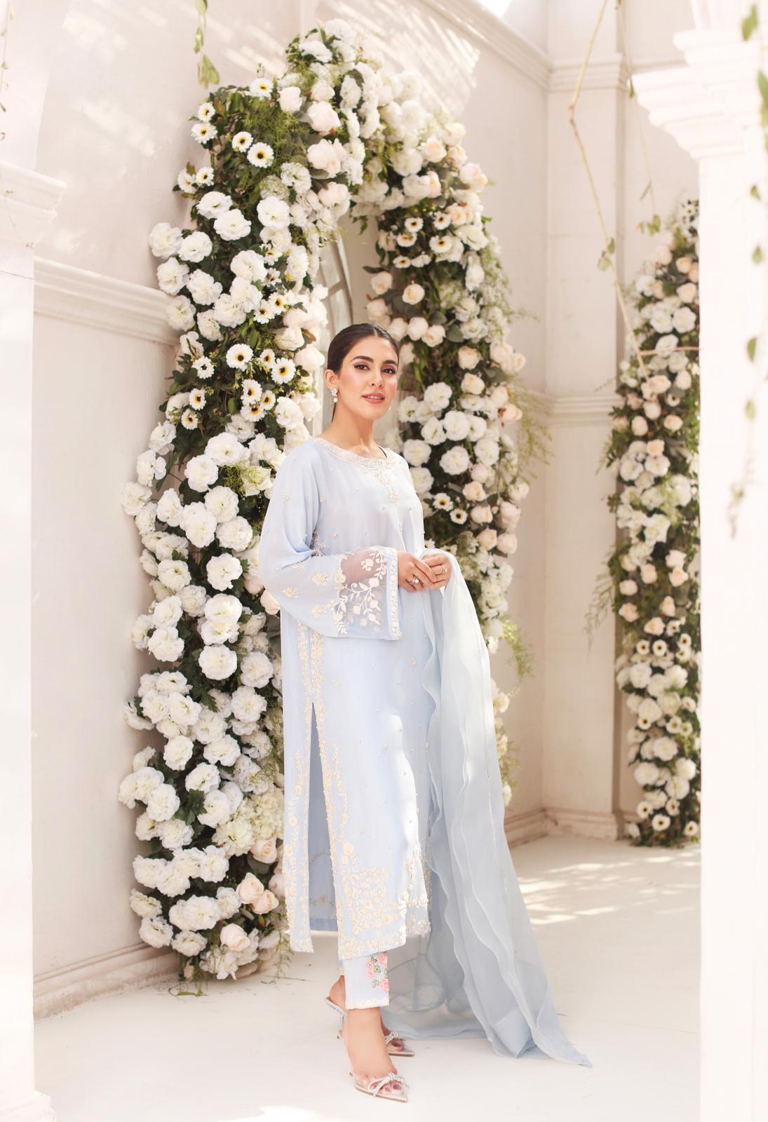 Pakistani Ice Blue Embroidered Raw Silk Salwar Kameez (3-Piece) - Image 3