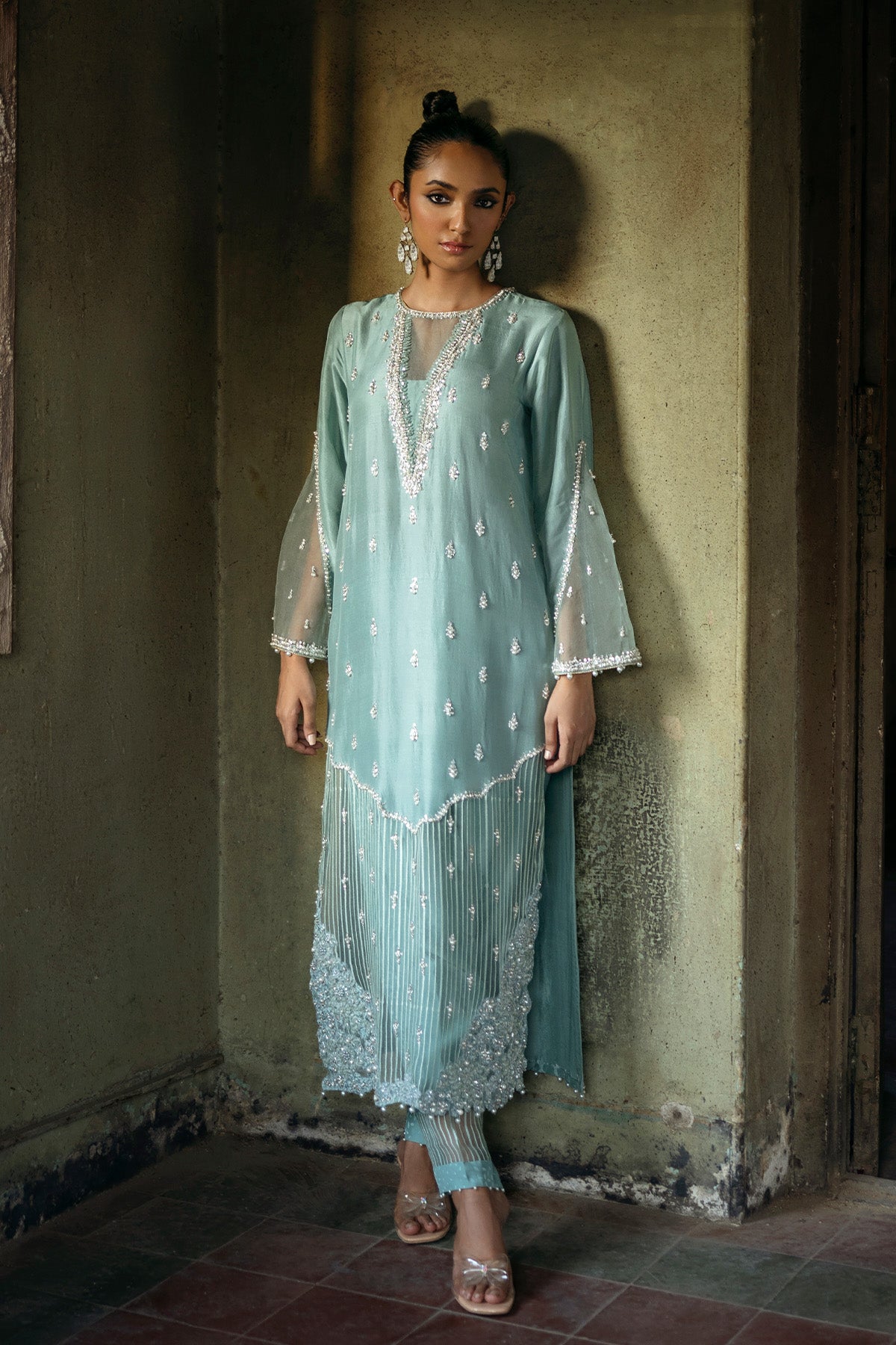 Light Blue Embroidered Raw Silk Salwar Kameez (2-Piece) - Image 1