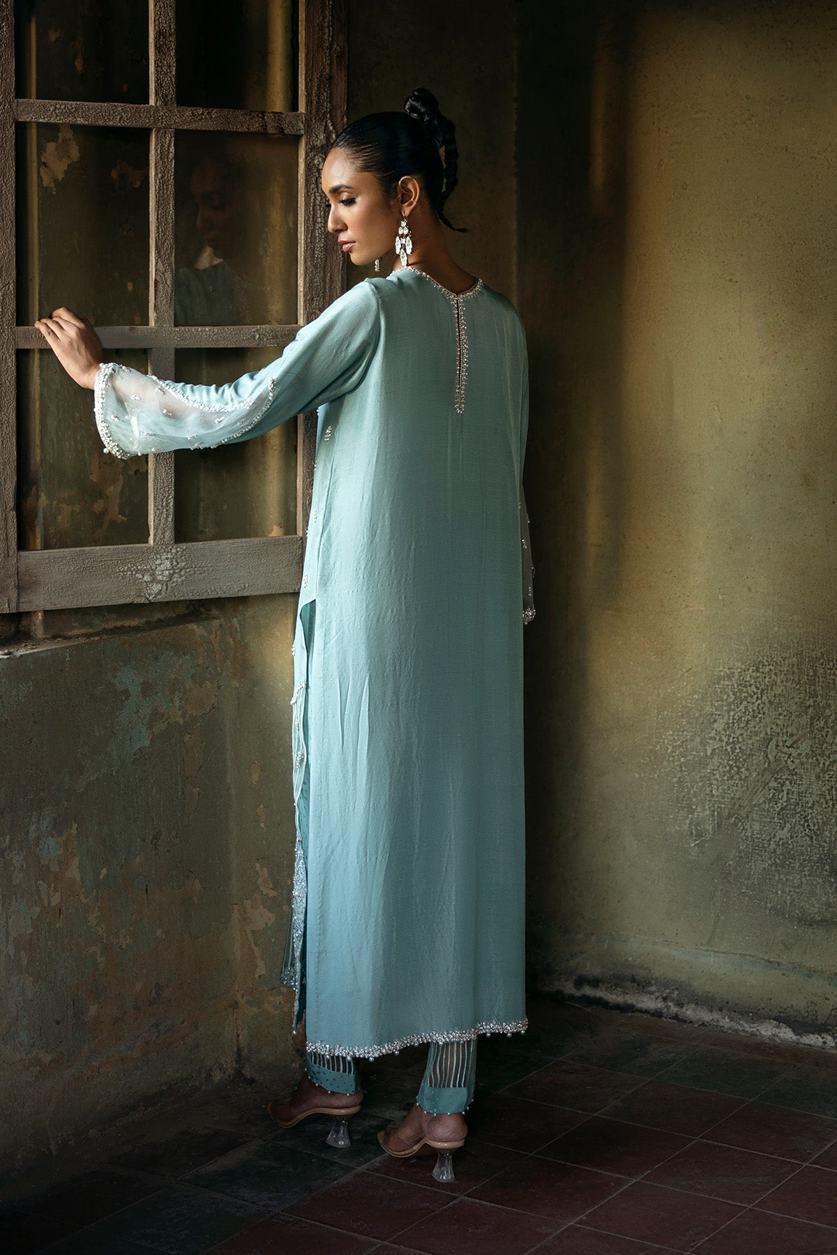 Light Blue Embroidered Raw Silk Salwar Kameez (2-Piece) - Image 2