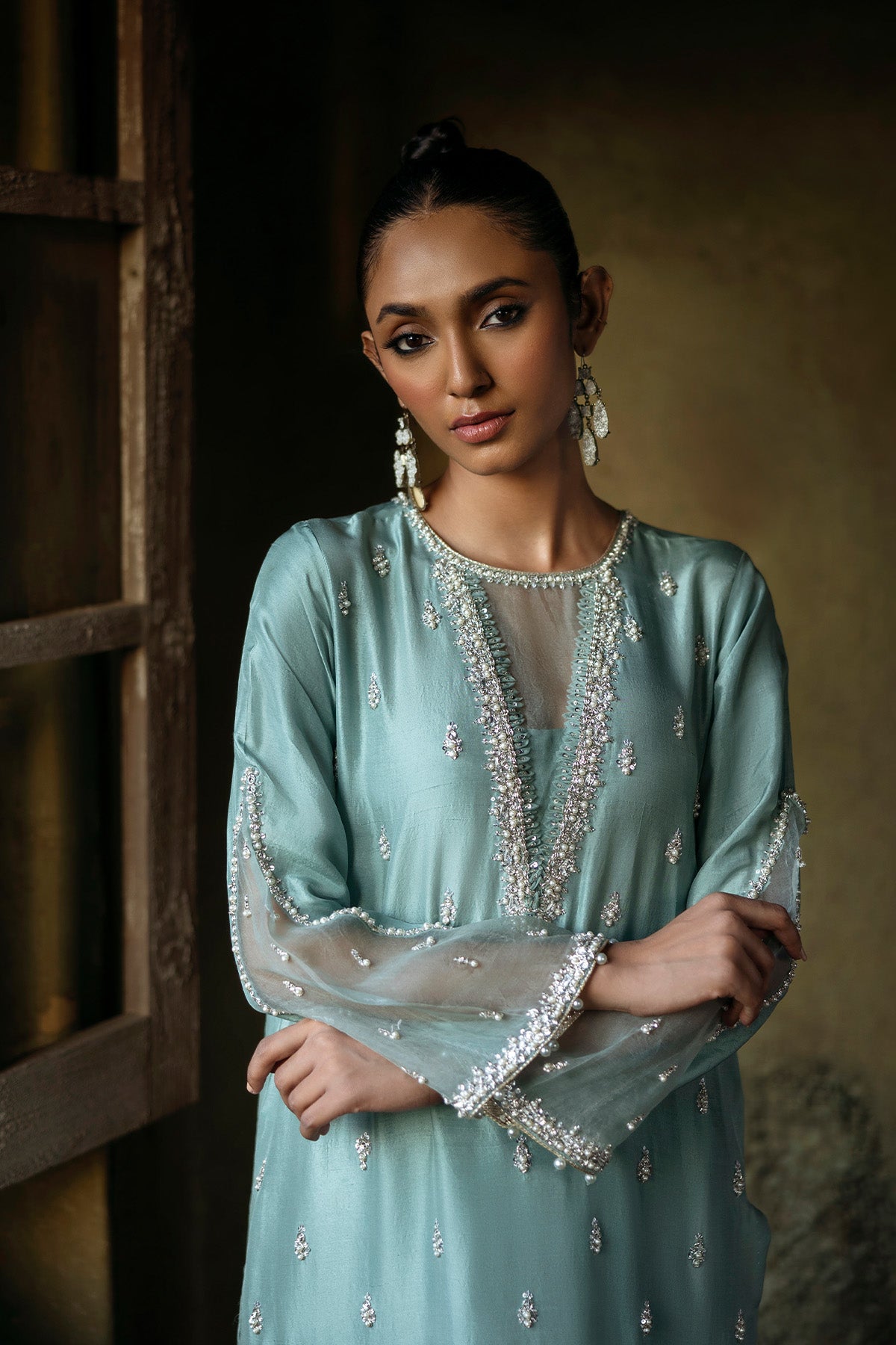 Light Blue Embroidered Raw Silk Salwar Kameez (2-Piece) - Image 3