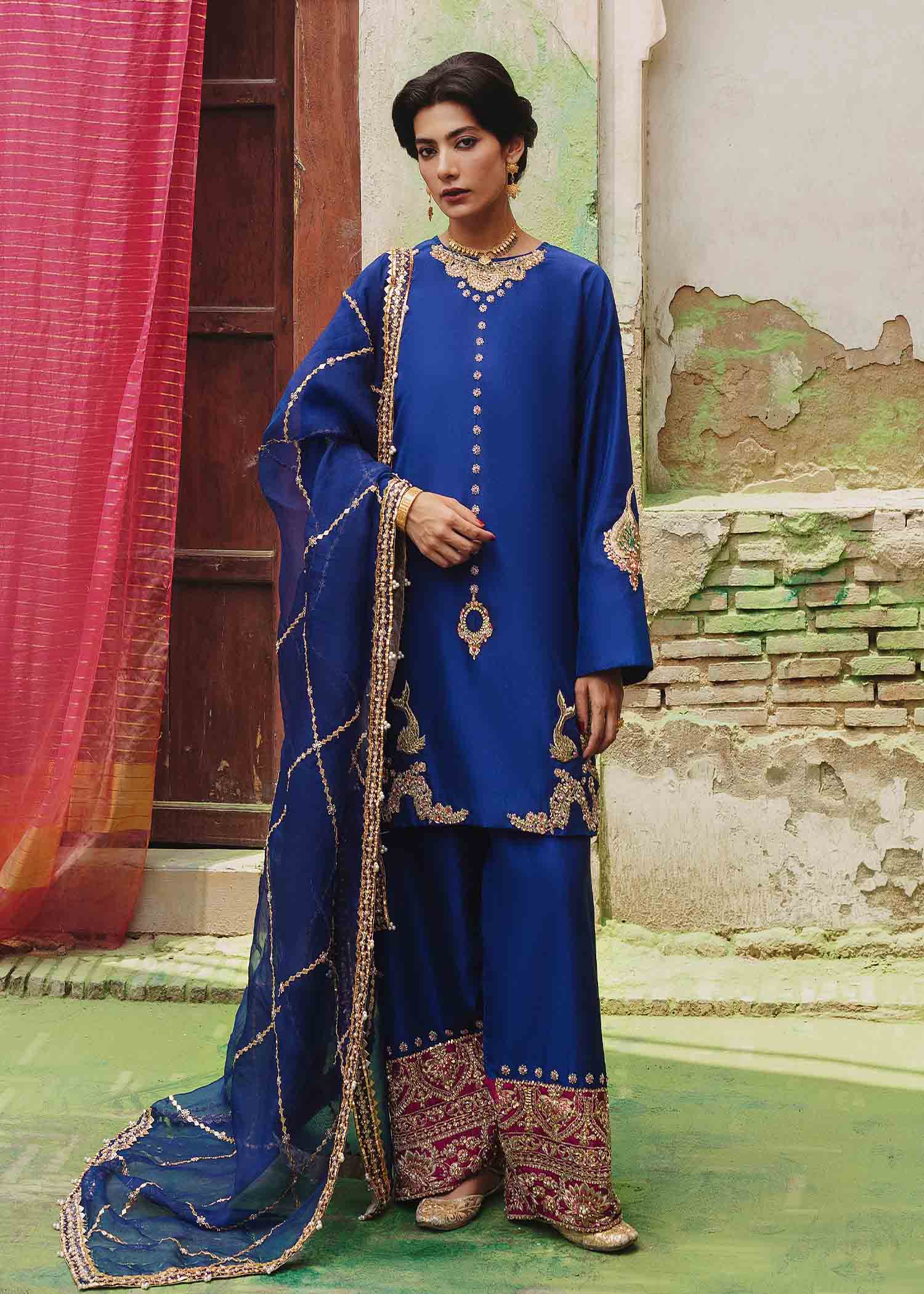 Pakistani Ink Blue Embroidered Raw Silk Shalwar Kameez (3-Piece) - Image 1