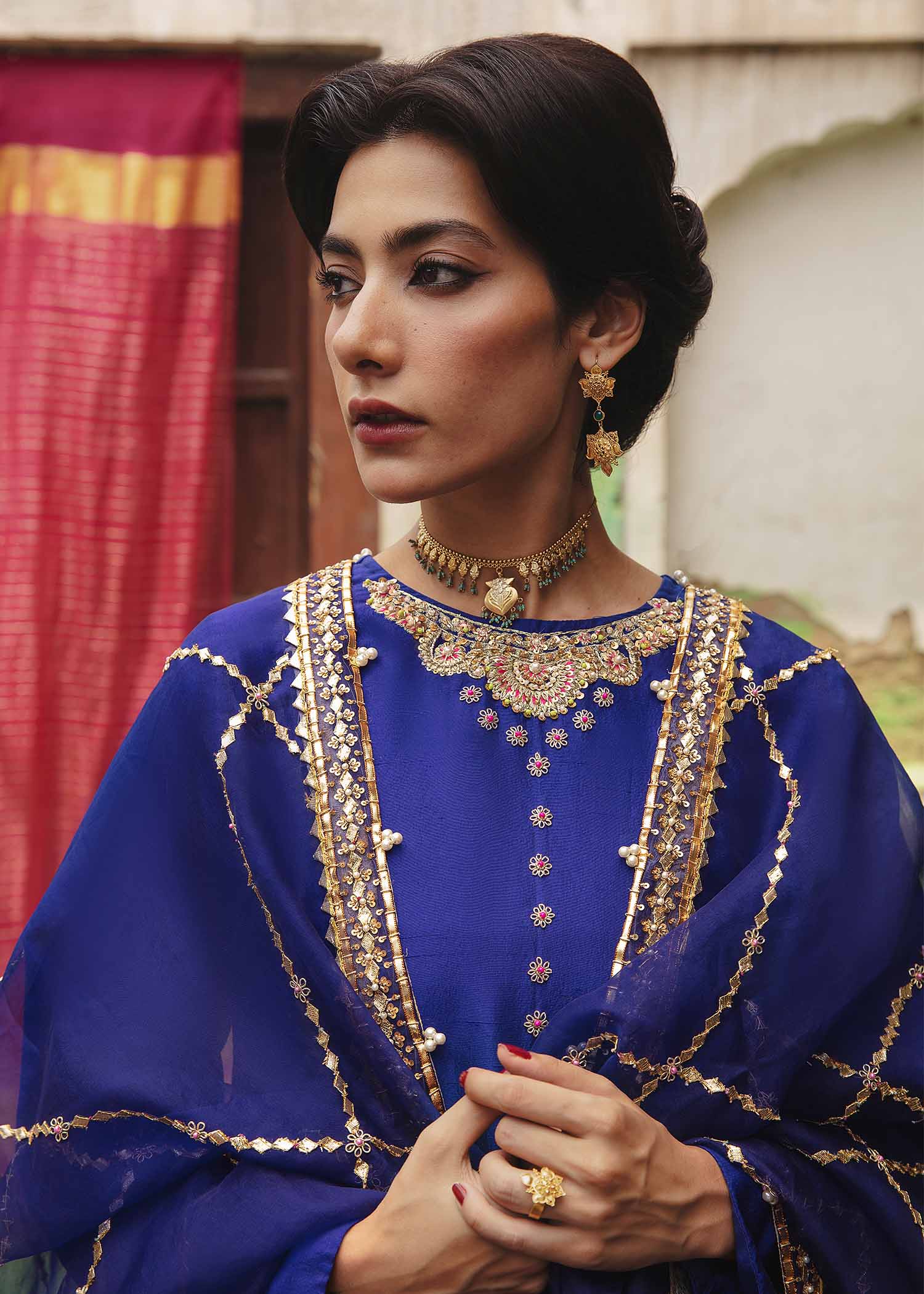 Pakistani Ink Blue Embroidered Raw Silk Shalwar Kameez (3-Piece) - Image 2