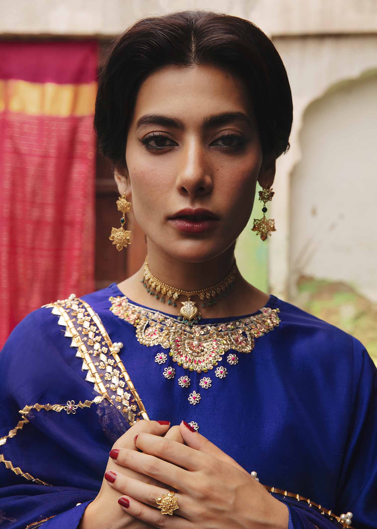 Pakistani Ink Blue Embroidered Raw Silk Shalwar Kameez (3-Piece) - Image 4