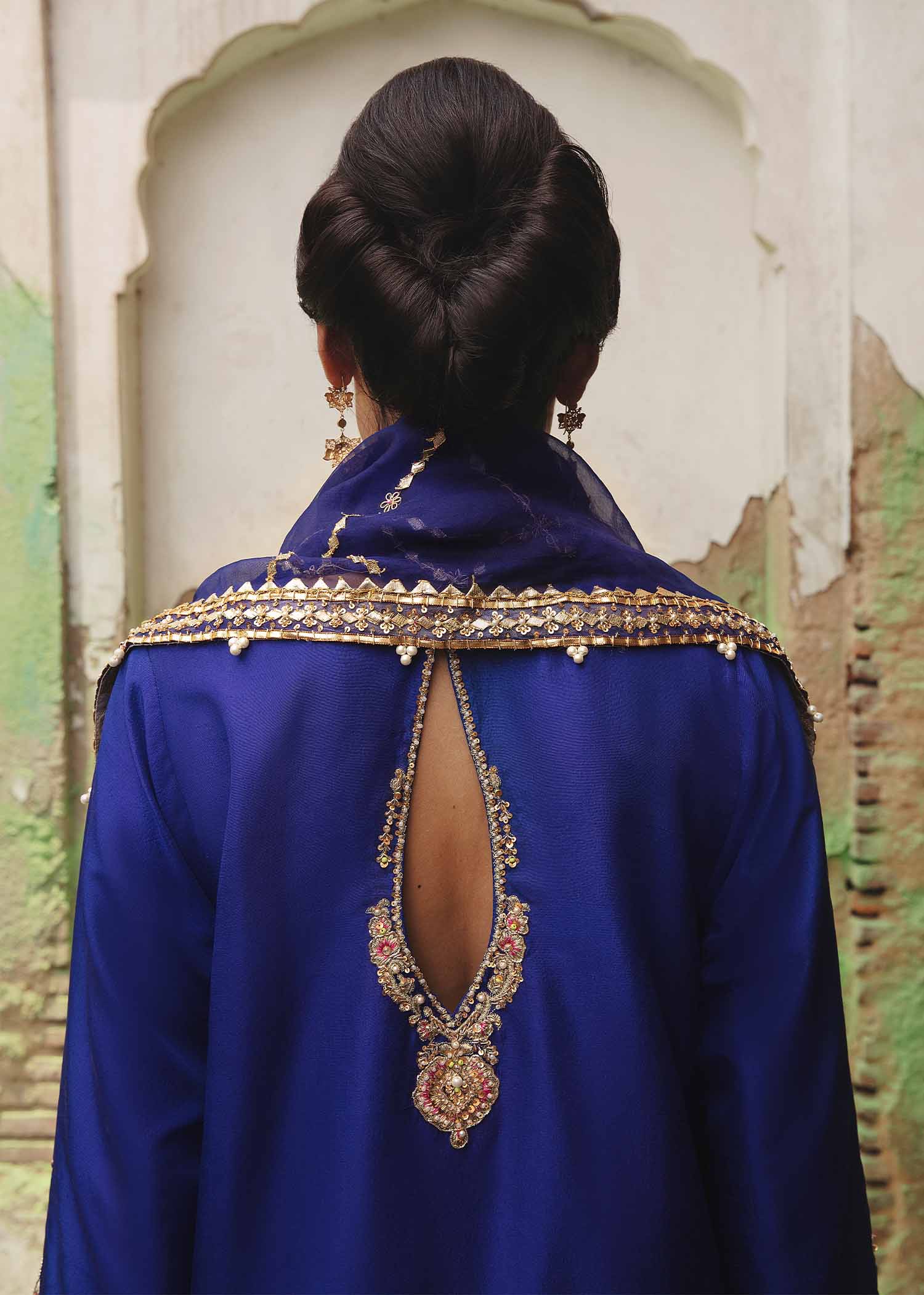 Pakistani Ink Blue Embroidered Raw Silk Shalwar Kameez (3-Piece) - Image 3