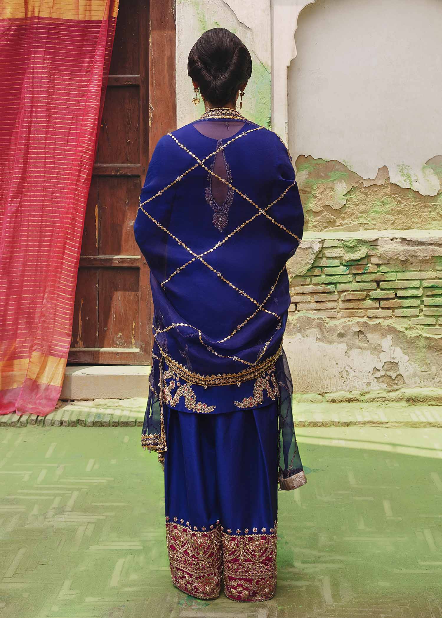 Pakistani Ink Blue Embroidered Raw Silk Shalwar Kameez (3-Piece) - Image 5